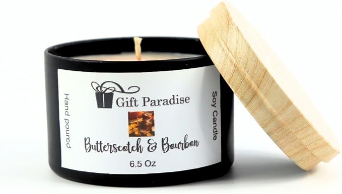 Butterscotch & Bourbon Soy Wax Candle, Black Metal Tin, 6.5 oz, Cotton Wick