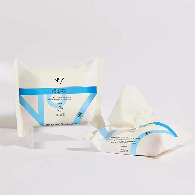 No7 Biodegradable Cleansing Wipes - Waterproof Mascara & Makeup Remover Wipes - Vitamin B5 + Witch Hazel & Fennel Extract Facial Cleansing Wipes for Revitalized Radiant Skin (30 Wipes)