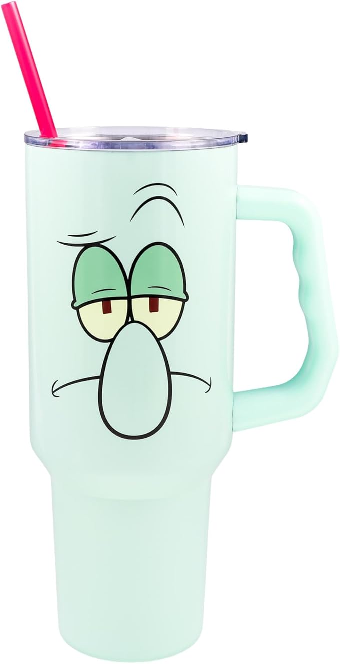 Silver Buffalo SpongeBob SquarePants Double Walled Stainless Steel Tumbler with Handle Featuring Squidward, Fits in Standard Cup Holder, 40 Ounces