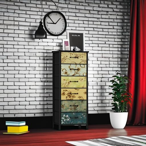 Tall 6 Drawers Dresser for Bedroom, Vintage Storage Organizer Unit | Tall Nightstand with Fabric Drawers, Retro Floral Pattern, Skinny Dresser for Closet, Dorm, Entryway, Metal Frame, Wood Top