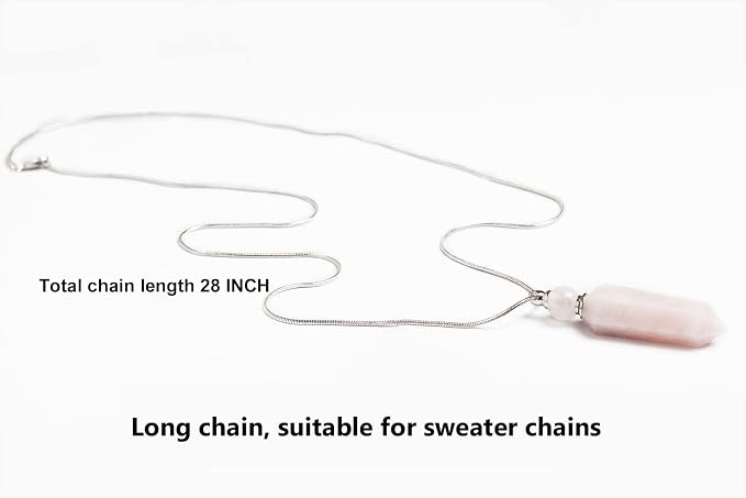 AMOYSTONE 1P Rose Quartz Crystal Perfume Necklace Long Chain Healing Stone Hexagonal Aroma Essential Oil Diffuser Perfume Natural Crystal Bottle Necklace Gifts