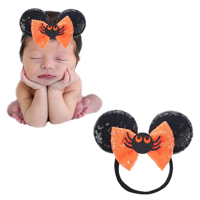 JIAHANG Halloween Mouse Ear Hair Bow Headband,Orange Soft Elastic Hair Band for Baby Girls Newborn Infant Toddlers Kids Party Supplie