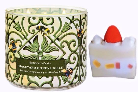 Backyard Honeysuckle - White Barn-Bath/Body Work- 3-Wick Scented Candle 14.5 OZ Burns 25-45 Hours and Strawberry Cake soap (Label Artwork Varies)
