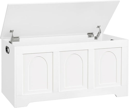 Storage Chest, Wooden Toy Box, White 39.4" L | Entryway Shoe Bench, 2 Soft-close Hinges, Finger-safe Flip-Top Lid, Easy Assembly, Farmhouse Large Trunk, Living Room/Bedroom
