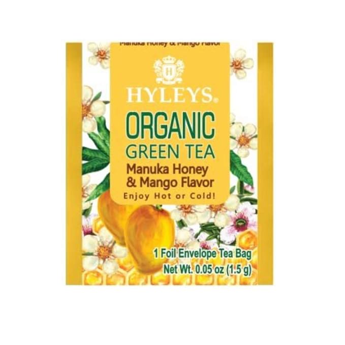 HYLEYS Organic Green Tea, Manuka Honey and Mango Flavor - 25 Individually Wrapped Tea Bags - USDA Organic - Kosher & Vegan