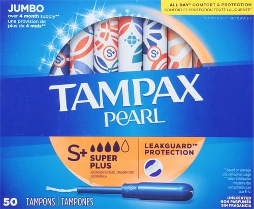 Tampax Pearl Tampons Super Plus Absorbency, with Leakguard Braid, Unscented, 50 Count (Pack of 2)