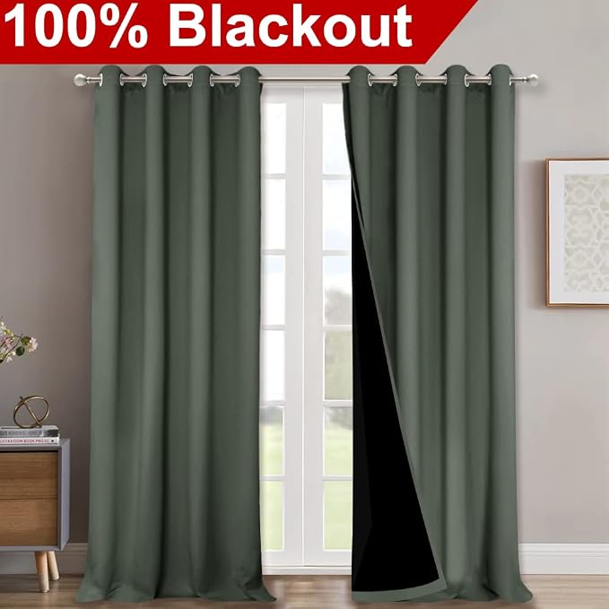 NICETOWN 100% Blackout Blinds, Set of 2, 46" x 102", Dark Mallard, Laundry Room Decor Window Treatment Curtains for Large Patio Sliding Door, Thermal Insulated Curtains for Bedroom