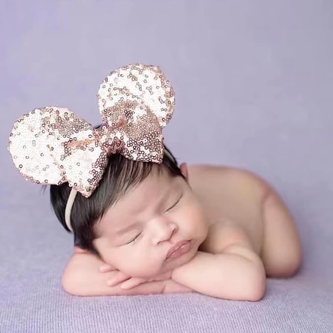 JIAHANG Mouse Ears Sequin Bow Nylon Hairband, Hair Bow Nylon Headband, Soft Elastic Costume Headwear for Baby Girl Newborn Toddler, kids, Party Supplies