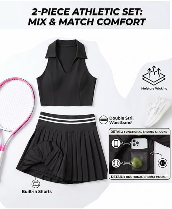 Two Piece Tennis Skirt Set for Women, Athletic Outfit with Pockets & Built-in Shorts, Moisture Wicking Golf Dress
