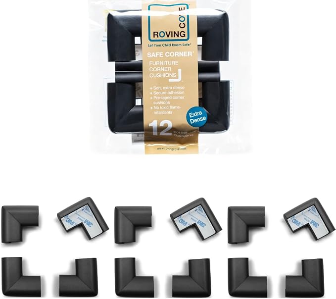 Roving Cove HeftyFit Corner Protector for Baby (12 Large Corners), Heavy-Duty Soft Rubber Foam Furniture Corner Bumper Guards, 3M Adhesive Pre-Taped, Onyx Black