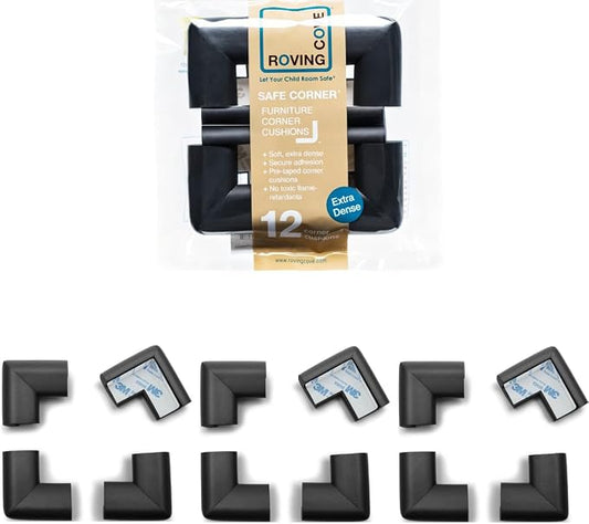 Roving Cove HeftyFit Corner Protector for Baby (12 Large Corners), Heavy-Duty Soft Rubber Foam Furniture Corner Bumper Guards, 3M Adhesive Pre-Taped, Onyx Black