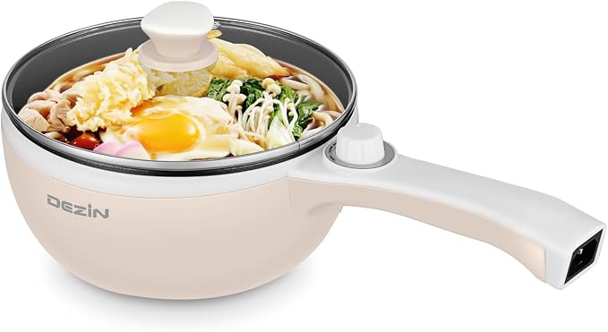 Dezin Electric Pot, 1.5L Non-Stick Portable Hot Pot Electric Upgraded, 700W | Dual Power, Electric Pot for Cooking Steak, Egg, Oatmeal, Mini Ramen Cooker for Dorm, Travel, Camping, RV, Office, Beige Pan