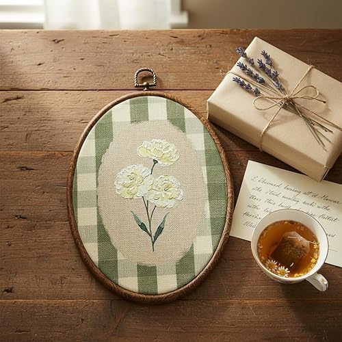Flower Oval Wall Art, Green Gingham Oval Cottage wall Decor, Retro Botanical Grandma Cottage Core Home Decor for Western Farmhouse Bedroom Living Room, Home Retro Decor Products, 7x10 Inches, 15