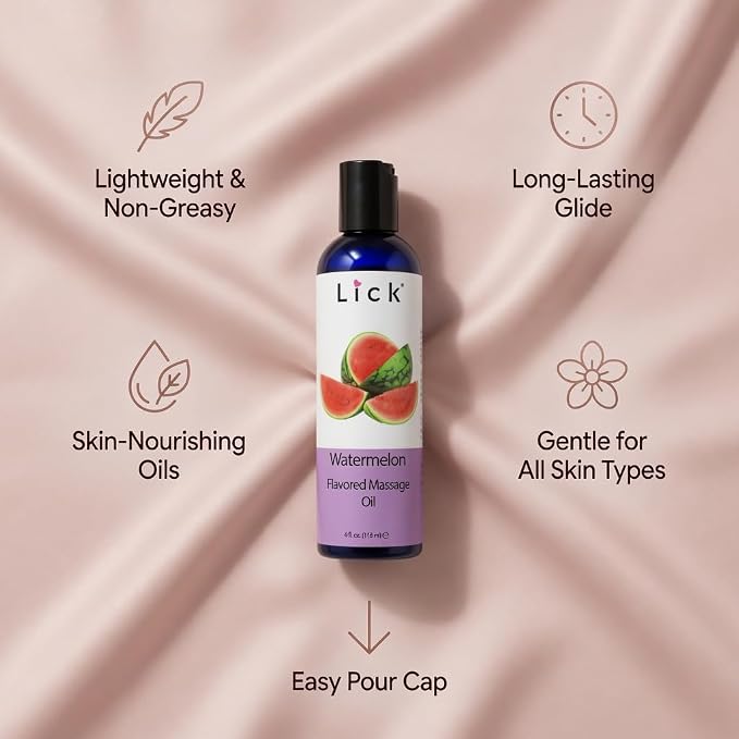 Watermelon Flavored Massage Oil for Couples – Edible Massaging Lotion with Vitamin E, Sweet Almond and Coconut Oil is Non Sticky and Gentle on Skin – Natural, Relaxing and Vegan (4 oz)