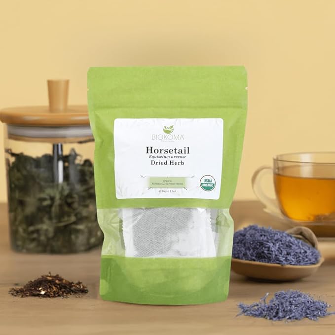 Biokoma Organic Horsetail Dried Herb 30 Tea Bags Shavegrass Equisetum Arvense USDA Organic Herbal Tea Healthy Hair Skin Nails Support Resealable Pouch Pure No Additives Non-GMO Caffeine Free Kosher