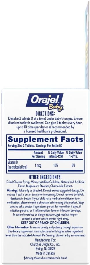 Orajel Baby Cooling Tablets for Teething with Vitamin D, 100 Quick Dissolve Tablets,White, (Pack of 2)