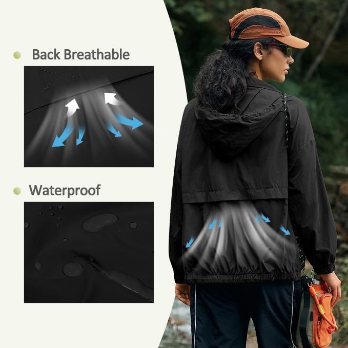 Yousify Womens Waterproof Rain Jackets Lightweight Zip Up Raincoat Outdoor Hiking Hooded Windbreaker with Pocket
