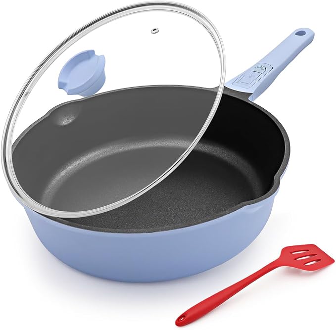 10 Inch Deep Frying Pan Skillet Nonstick with Lid, 4 QT Non Stick Saute Pan, Non Toxic Cookware, Induction Compatible, Detachable Handle, Oven Safe, PTFE & PFAS-Free, Blue