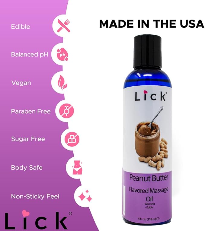 Lick Peanut Butter Flavored Massage Oil – Creamy Dessert-Inspired Edible Massage Oil with Vitamin E, Rich Smooth Texture for Fun Couples Massage Experiences, 4 oz