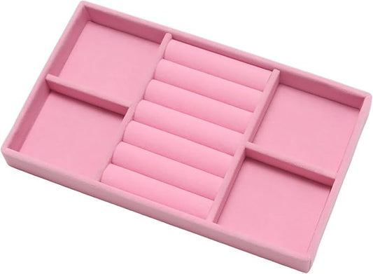 Velvet Jewelry Trays for Drawers, Pink 2-in-1 | Stackable Jewelry Drawer Organizer, Ring Earring Necklace Bracelet Holder Organizer Display Tray with Removable Dividers