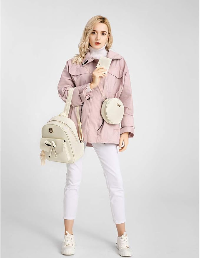 MACCINELO Cute Leather Mini Backpack Purse for Women Bowknot Small Backpack for Girls gift Rucksack Ladies Shoulder Bag 3pcs