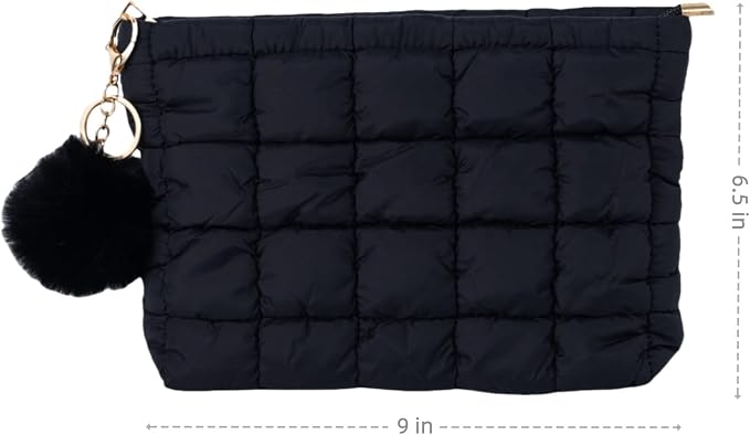 Black Puffer Quilted Makeup Bag for Women with Furry Keychains - 10" Roomy Puffy Cosmetic Pouch, Travel Toiletry Organizer Bag (BK-Fu-BK)