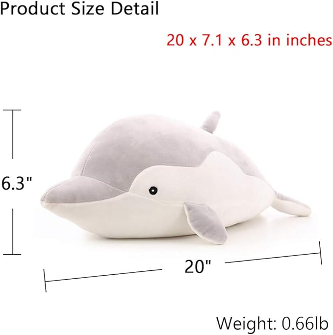 Stuffed Dolphin Animal Plush Toys 20 Inches Gray Large Animal Stuffed Plushies Super Soft Cute Cuddly Pillow Cushion Stuff Dolls Birthday Gifts for Children Kids Boys Girls Room Decor, 20Inches