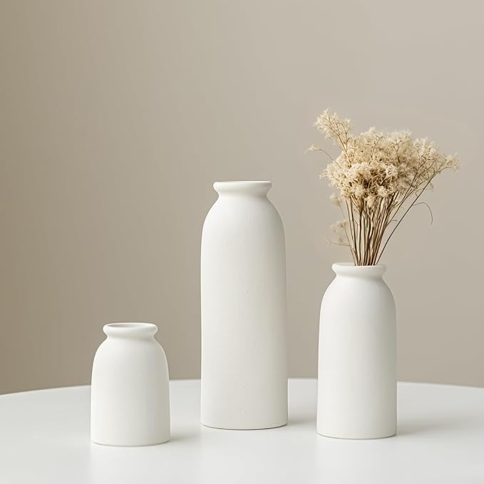 Ceramic Vase Set-3, Small Flower Vases for Decor, Modern Boho Farmhouse Style, Decorative Vases for Pampas Grass & Dried Flowers, Distressed Finish (White)
