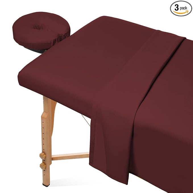 Saloniture 3-Piece Microfiber Massage Table Sheet Set - Premium Facial Bed Cover - Includes Flat and Fitted Sheets with Face Cradle Cover - Burgundy