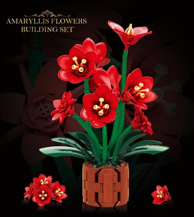 Amaryllis Flowers Bonsai Building Set, Botanical Collection Building Block, Artificial Plant Kit Home Decor, 503 PCS Flower Bouquet Bonsai for Her Adults Kids Boys Girls 12+
