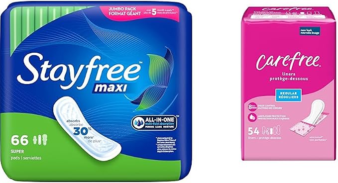 Stayfree Maxi Pads for Women, Super - 66 Count & Carefree Panty Liners, Regular Liners, Wrapped, Unscented, 54ct (Packaging May Vary)