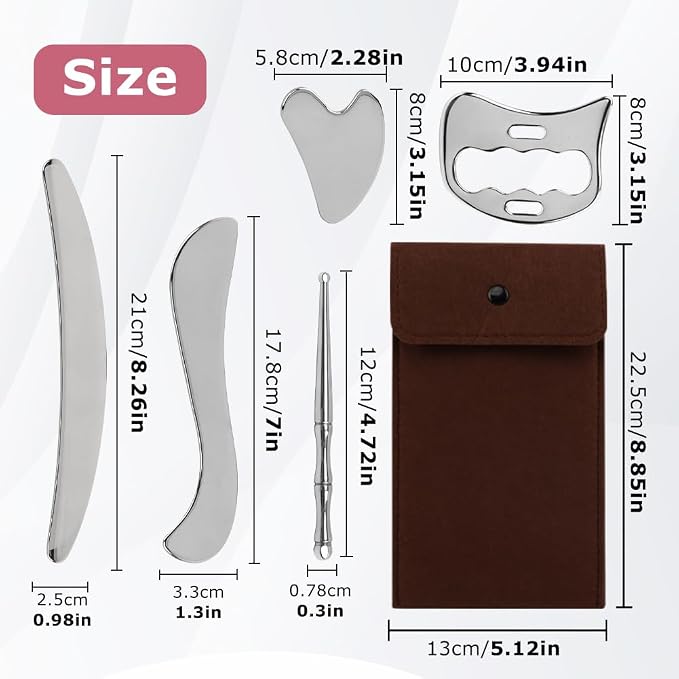 5-in-1 Stainless Steel Muscle Scraper Tool Set GuaSha Muscle Scraping Tools Set, Physical Massage Tools with Storage Case, Body Gua Sha Kit for Body Skin Massage