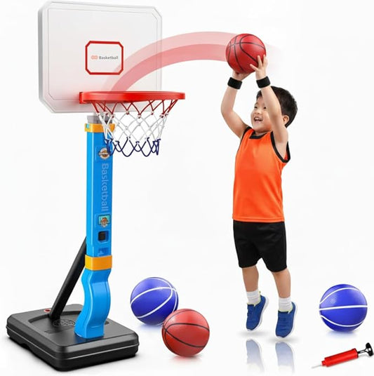 Toddler Basketball Hoop Adjustable for Kids – Indoor & Outdoor Basketball Hoop for Toddlers 1-3 with 4 Mini Basketballs, Pump, Wristband, Patches & Stable Base, Height Adjustable 2.5–5.5 Ft