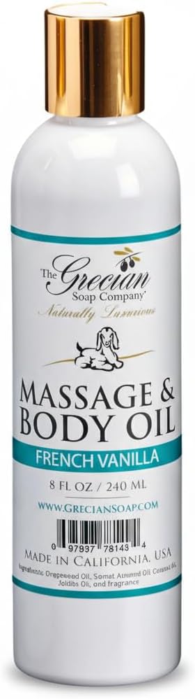 The Grecian Soap Company Massage & Body Oil – French Vanilla Scented Moisturizing Oil for Massage, Dry Skin, or Spa Use, 8 oz