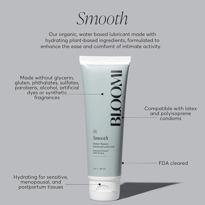 Bloomi Smooth Water-Based Lube - pH-Balanced, Non-Sticky Personal Lubricant for Women & Couples - Sensitive Skin-Friendly, Compatible with Latex & Polyisoprene - Organic & Fragrance-Free - 3oz