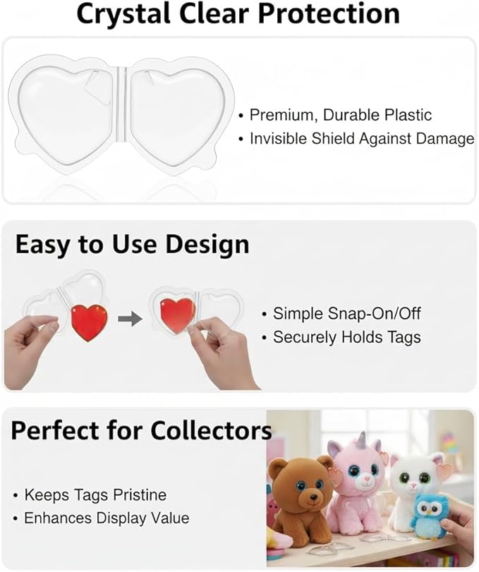 Beanie Baby Heart Tag Protectors 62 Pack – Clear Plastic Tag Covers for Ty Beanie Babies, Boos & Buddies – Heart Shaped Hang Tag Sleeves, Durable Scratch-Resistant Collector Storage Protectors