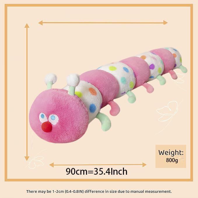 ELAINREN Pink Caterpillar with Polka Dots Plush Long Pillow Ultra-Soft Rainbow Caterpillar Stuffed Insect Toy Cuddly Colorful Worm Plushie Gifts/35.4''