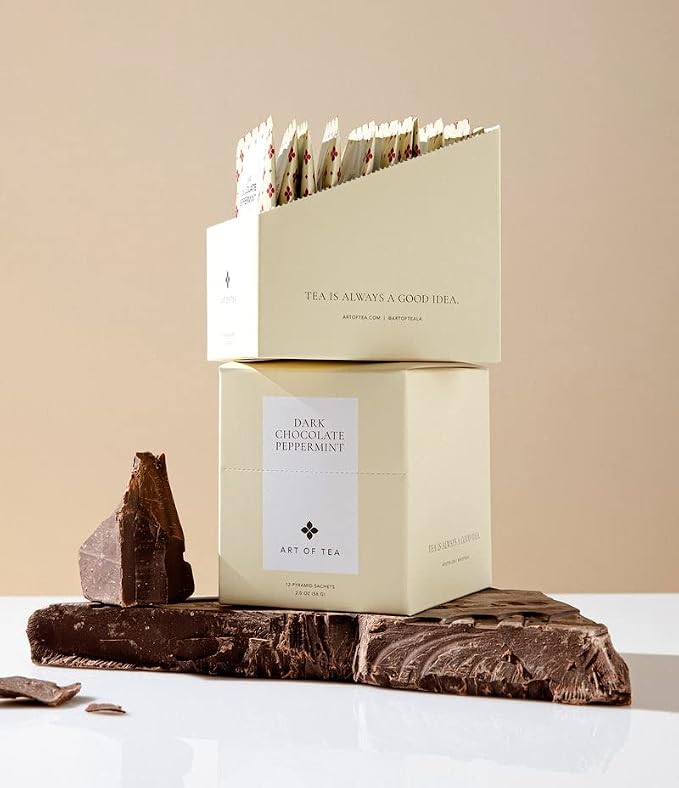 Art of Tea Dark Chocolate Peppermint 12 Count Tea Bags, Organic Pu-Erh Dessert Tea with Cocoa Nibs & Peppermint, Premium Pyramid Sachets for After Dinner Tea