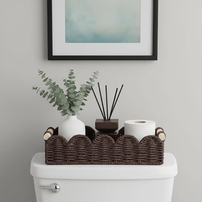 CubesLand Toilet Paper Storage Basket Organizer, Small Wicker Decor Basket | Toilet Tank Top Decorative Basket for Countertop, Handwoven Scalloped Basket W/Handle for Home Decor Living Room, Brown