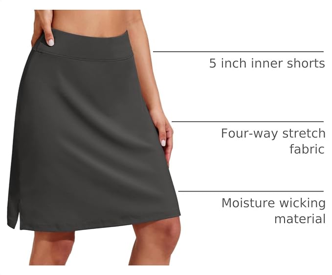 COOrun Women's 20" Knee Length Skirts High Waisted Golf Skorts with Pockets | Soft, Quick Dry, Split Hem, Built-in Shorts, A-line, Modest Skirts, for Golf Athletic Tennis Work Casual