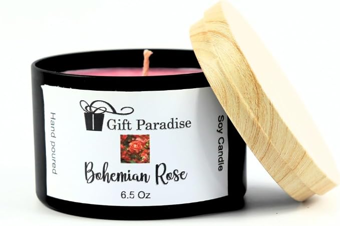 Bohemian Rose Soy Wax Candle in Black Metal Tin, 6.5 oz, Cotton Wick, Rose Garden, Floral Scented Candle