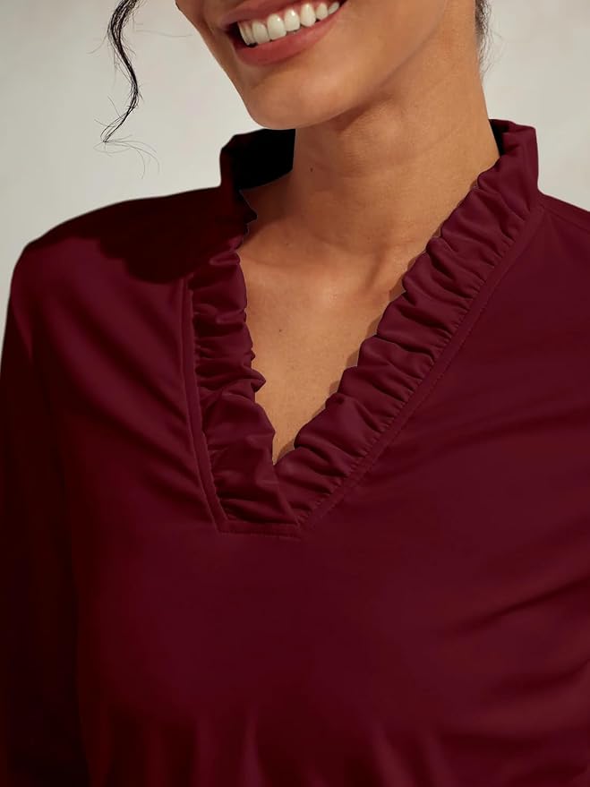 ACEGOLFS Womens Golf Polo Shirts Casual Ruffle V Neck Long Sleeve Tops for Women UPF 50+ Rash Guard Ladies Pullover Shirt