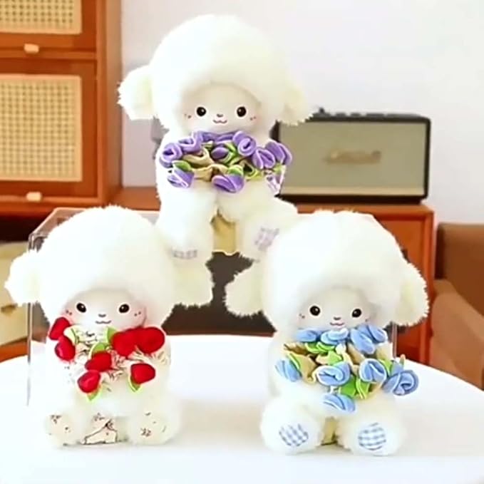 Baby Sheep Bouqet, Rose Bouquet Lamb Plush Toy, Hand Cute Stuffed Sheep with Flower, Emotional Support Animal Desk Decor, Soft Cuddly Pillow with Removable Hat (Red,11.8 in)