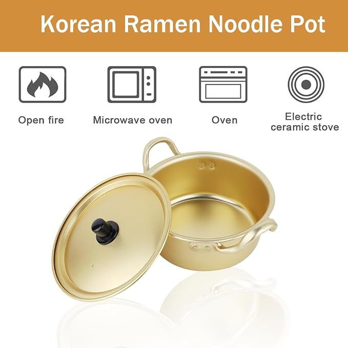 Korean Ramen Noodle Pot - Yellow Aluminum Non-Stick Traditional Quick Cooking Pot - Heats on Open Fire and Electric Ceramic Stove (20cm)
