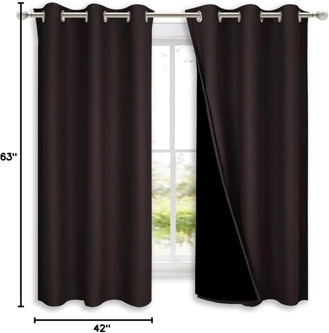 NICETOWN Complete 100% Blackout Curtains, Thermal Insulated & Energy Efficiency Window Draperies with Black Liner, Noise Reducing Short Curtains for Kids Room (Brown, 42-inch W by 63-inch L, 2 Panels)