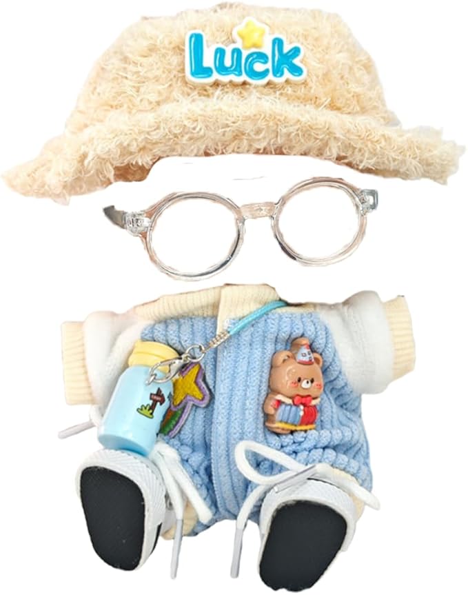 5 Set 17cm Doll Clothes -Clothes for Dolls Outfit - Accessories for 17cm Dolls Clothes +Light Pink Heart-Shaped Velvet hat + Small Camera + Glasses + Canvas Shoes, No Doll Included (Style H)
