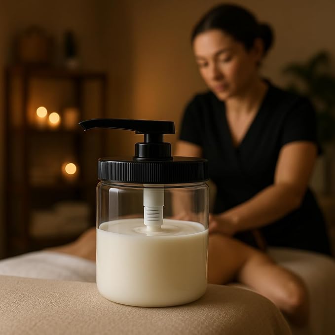 Royal Massage 16oz Refillable Pump Jar with Locking Dip Tube Dispenser – BPA-Free Plastic Container for Massage Oils, Lotions, Creams – Ribbed Lid Wide-Mouth Jar – Durable & Reusable (Green/White, 3)