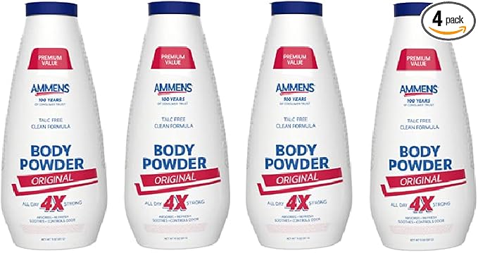 Ammens Body Powder Original – Talc-Free Clean Formula, All-Day 4X Strong Protection, 11 oz (Pack of 4)