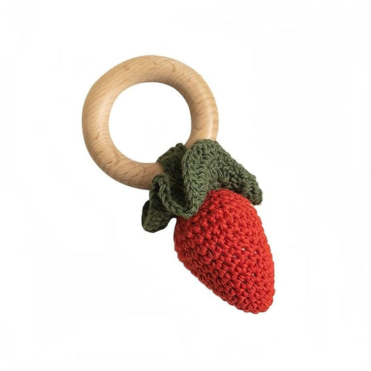 Wooden Baby Rattle Toys Stuffed Crochet Rattle with Teether Ring for Newborn Babies Fruit Wooden Teether Toy Infant Toddler Handcrafted Crochet Rattles Cute Shower Gifts for Boy and Girls