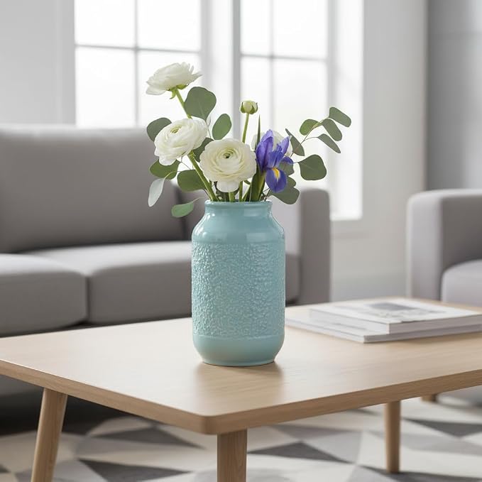 Blue Ceramic Vase for Home Decor - 9 Inch Textured Flower Vase for Table Centerpiece - Modern Decorative Pottery Vases for Flowers, Living Room, Shelf, Mantle Decor